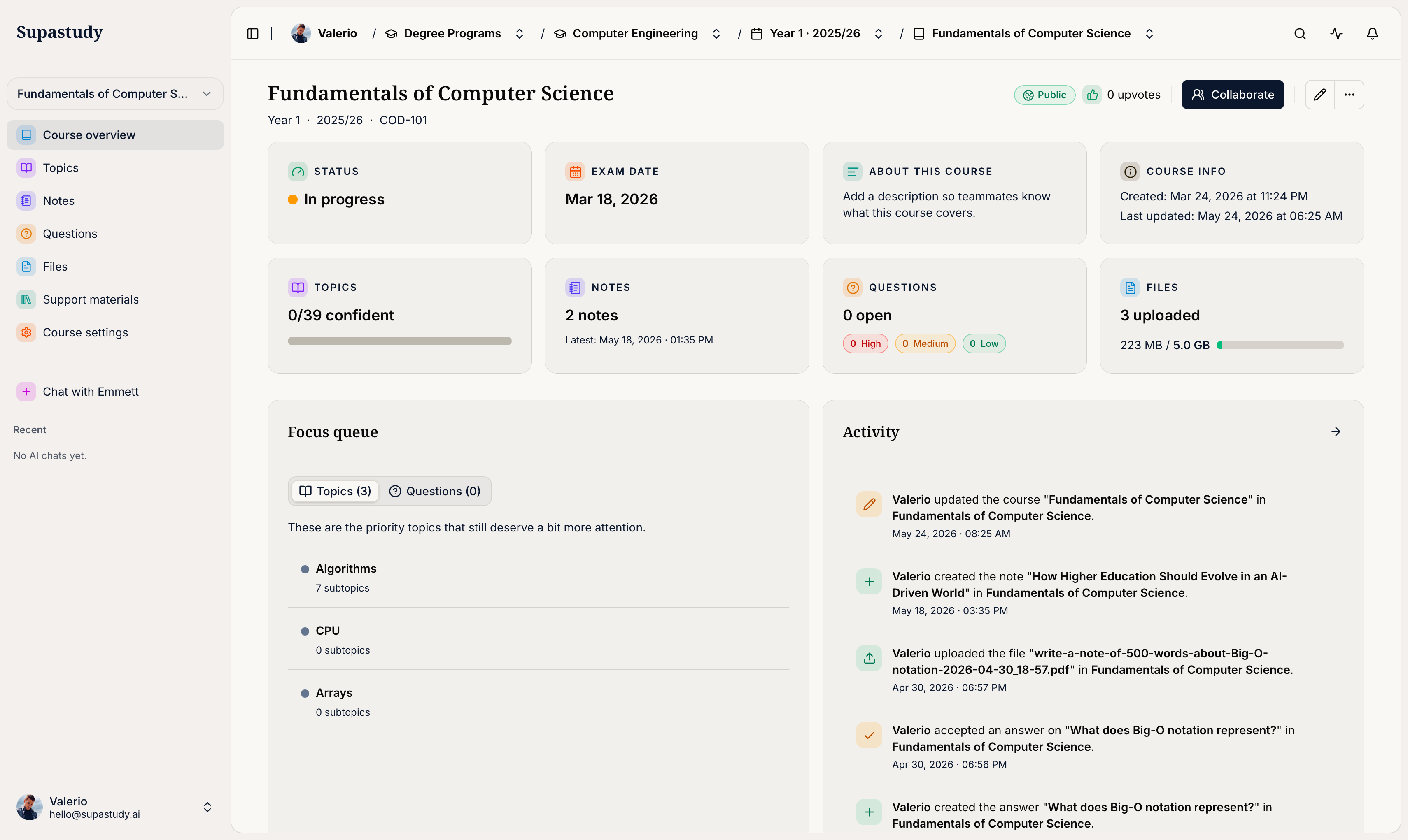 Supastudy dashboard showing several courses and study materials organized inside one academic workspace