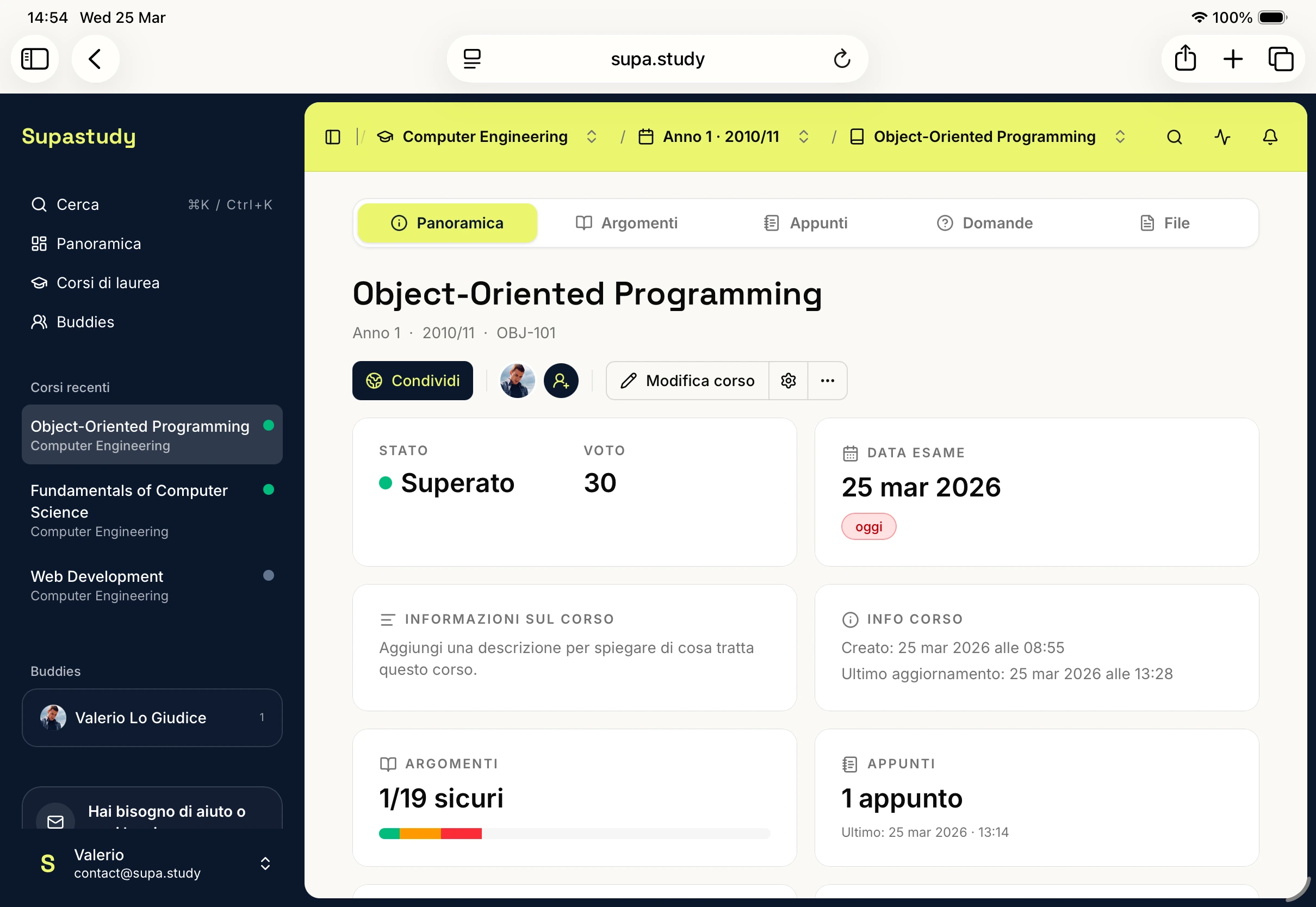 Supastudy dashboard showing an organized course with notes, files, and question-based exam preparation